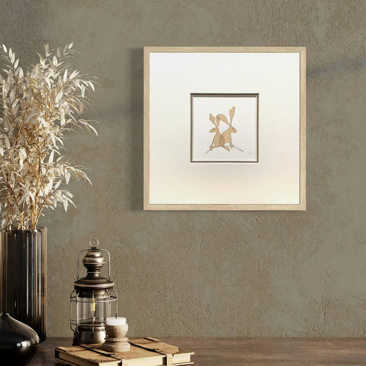 Woodblock print of a pair of brown hares in double mount 10" x 10" in room mockup with pale wood frame