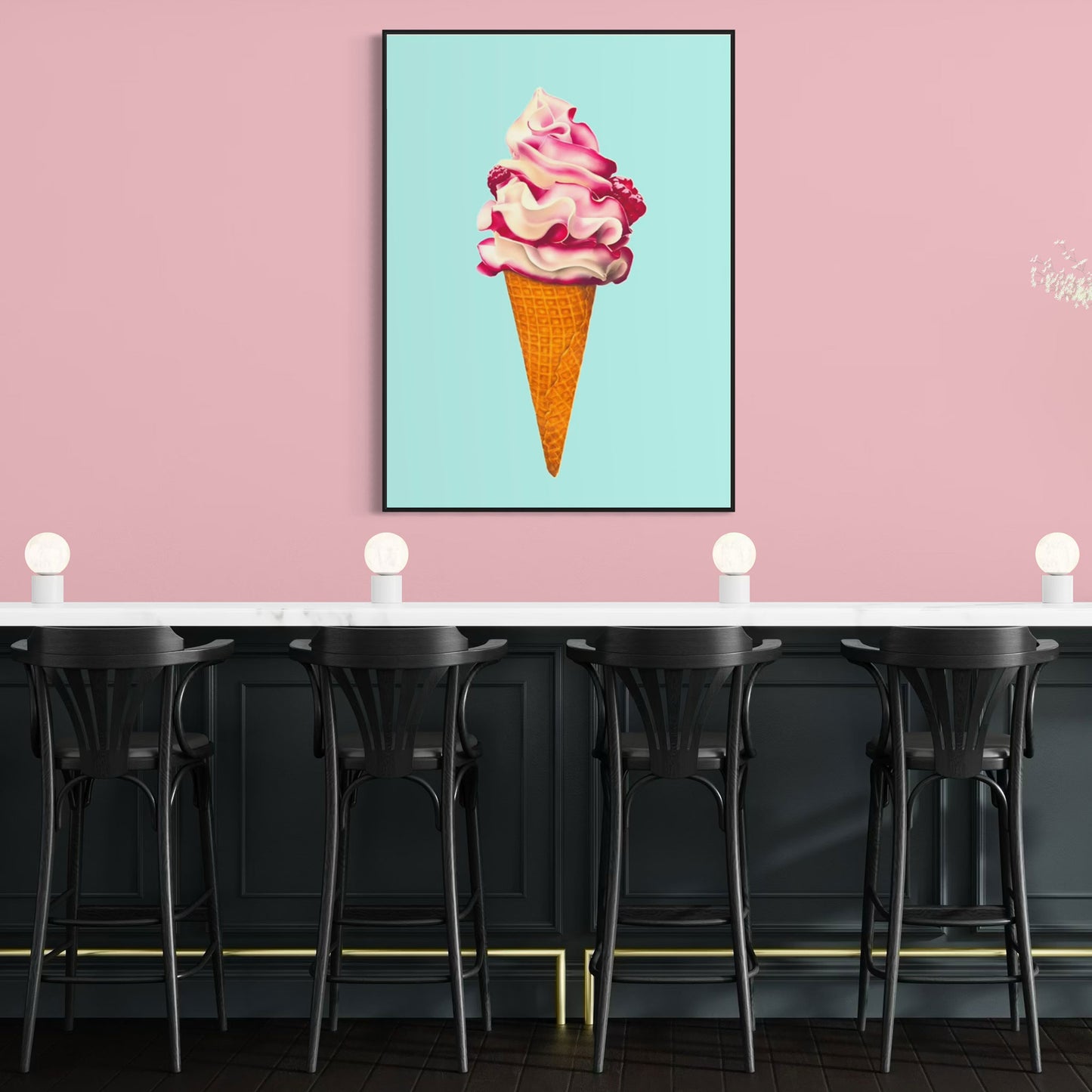 Ice cream fine art canvas print, colourful and playful illustration of raspberry ripple ice cream cone, pink and aqua contemporary wall art