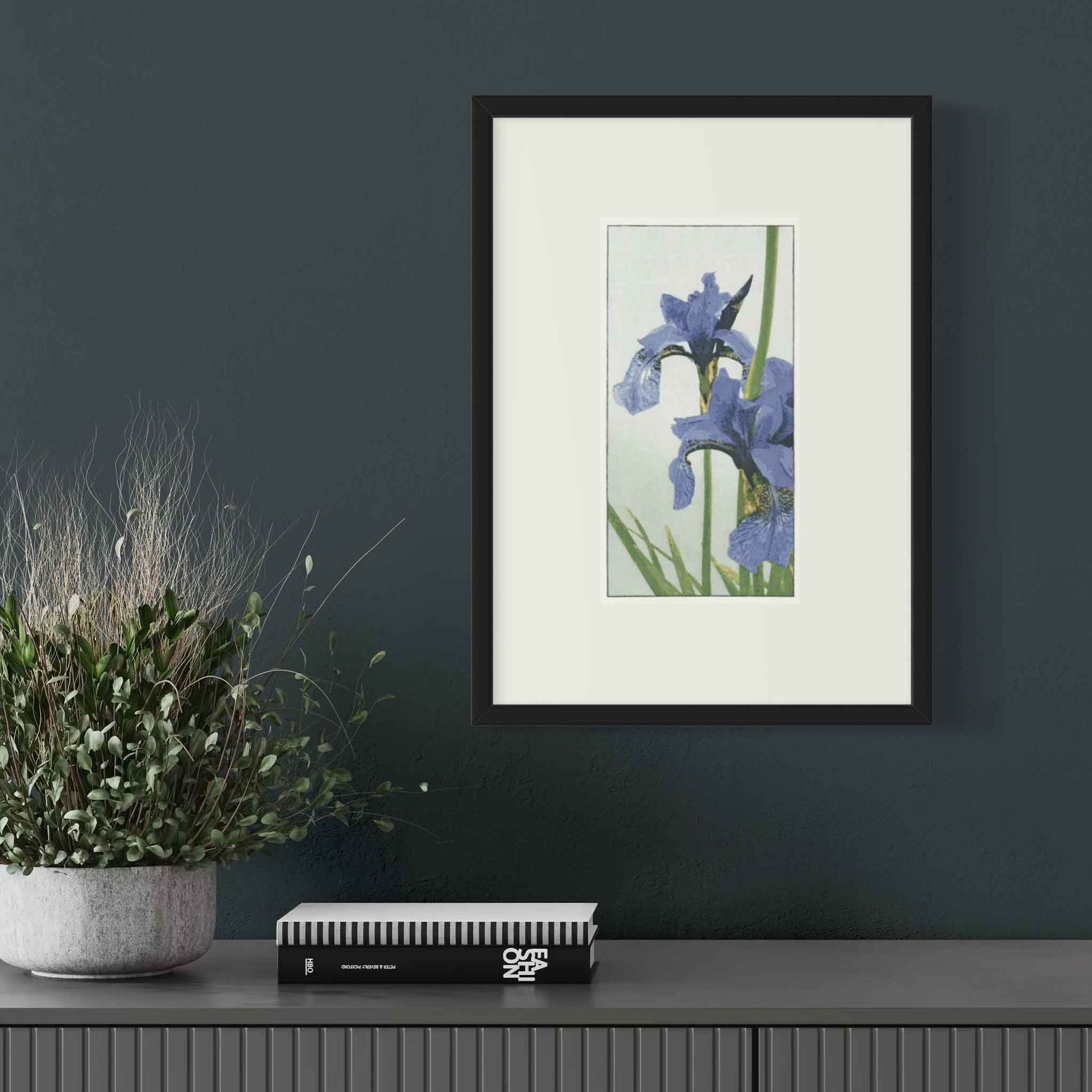Irises fine art print in black frame on dark wall in room mockup