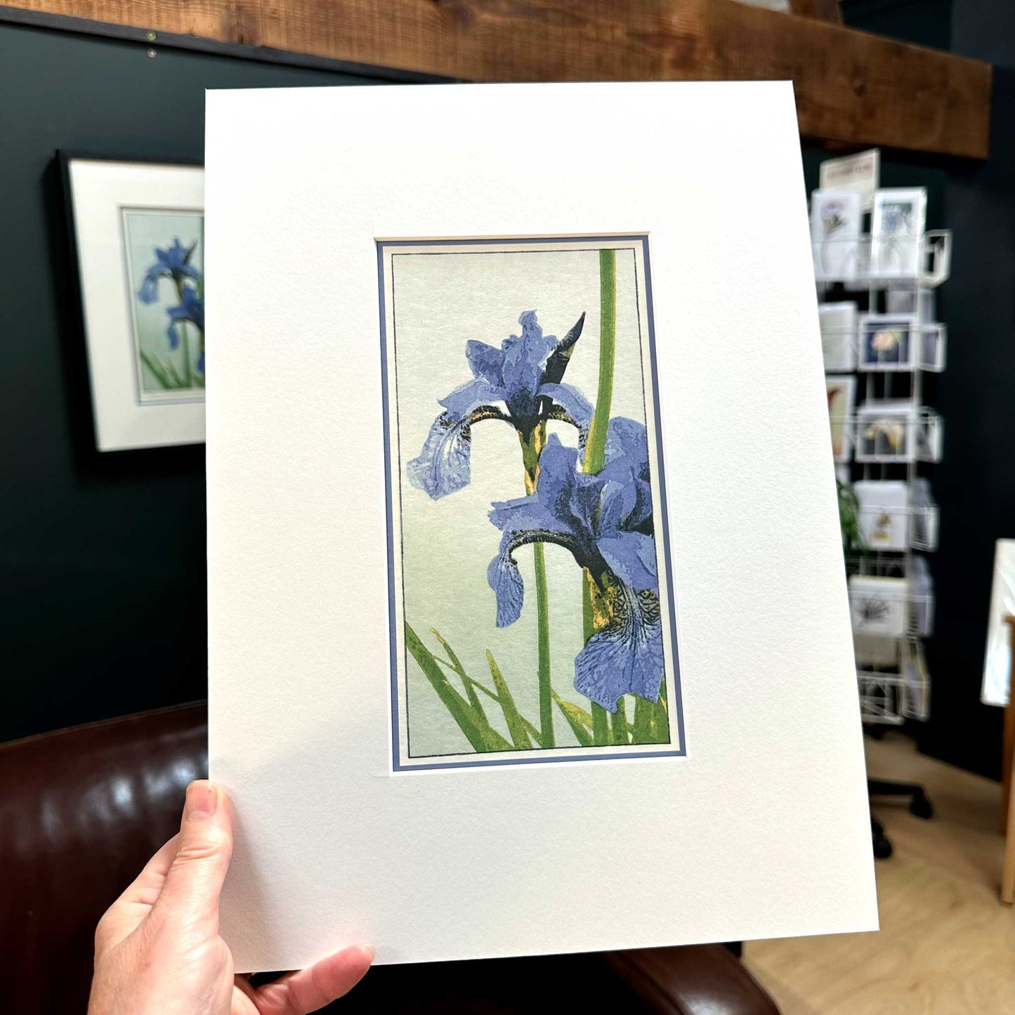 Irises fine art reproduction print in 10" x 14" mount, print in hand