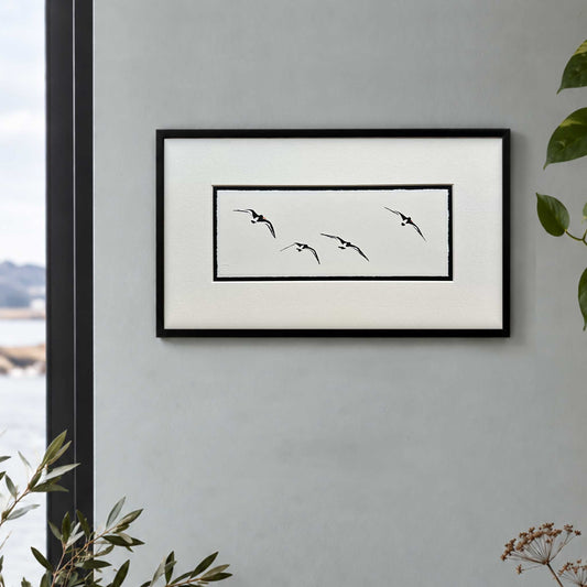 Oyster Catchers in Flight - original handmade vinyl cut print (Black and White version)
