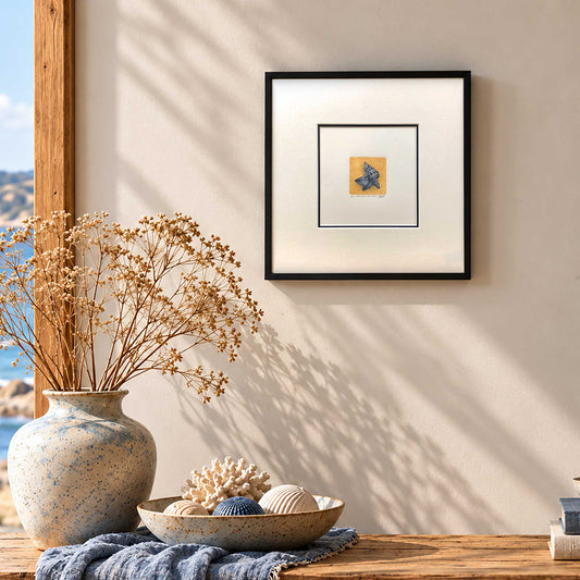 Pelican's Foot Shell original handcrafted woodblock print. 10" x 10" in black frame, shown in room set.