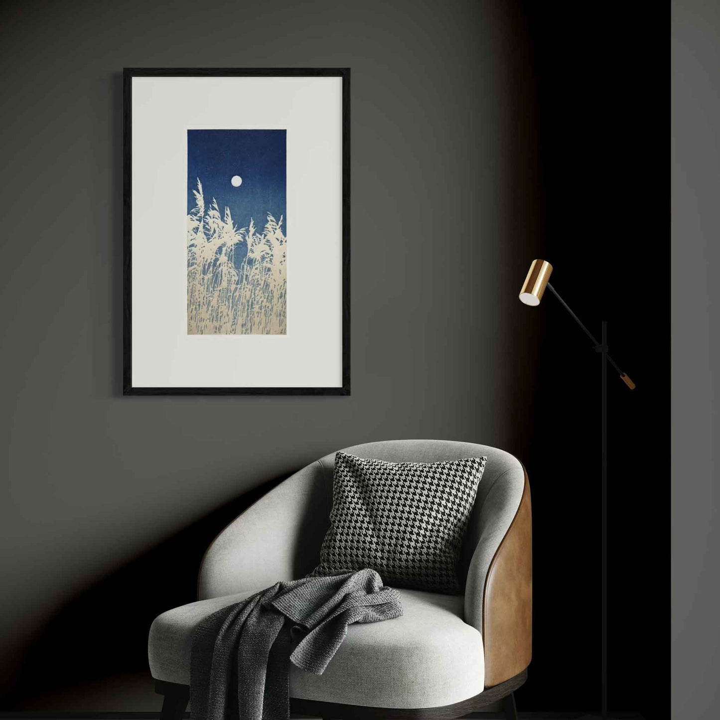 Reeds Under a Full Moon in midnight blue sky - fine art print in black frame on dark wall in room mockup