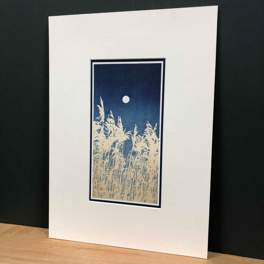 Autumn Calm – "Reeds Under a Full Moon" Fine Art Mounted Print
