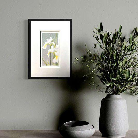 White Irises original handmade botanical print in black frame on grey green wall