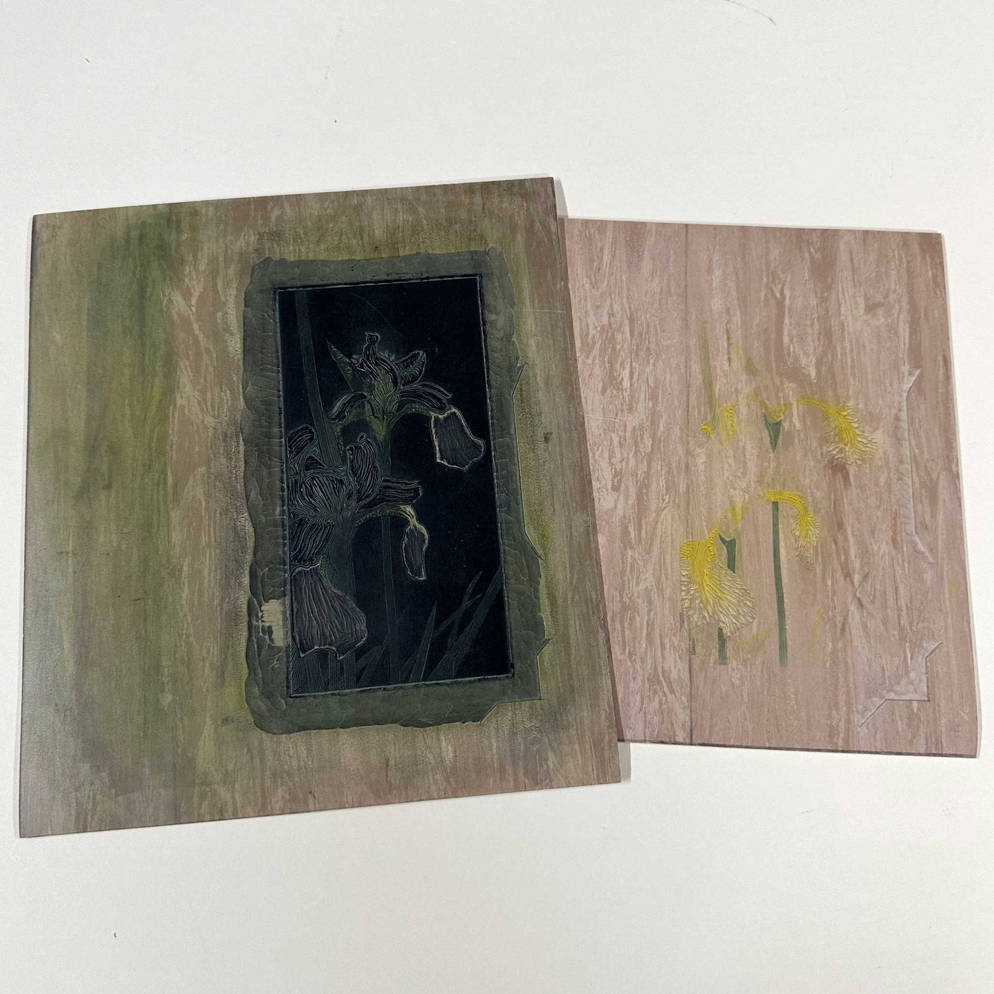 Carved vinyl blocks used to make White Irises handmade print