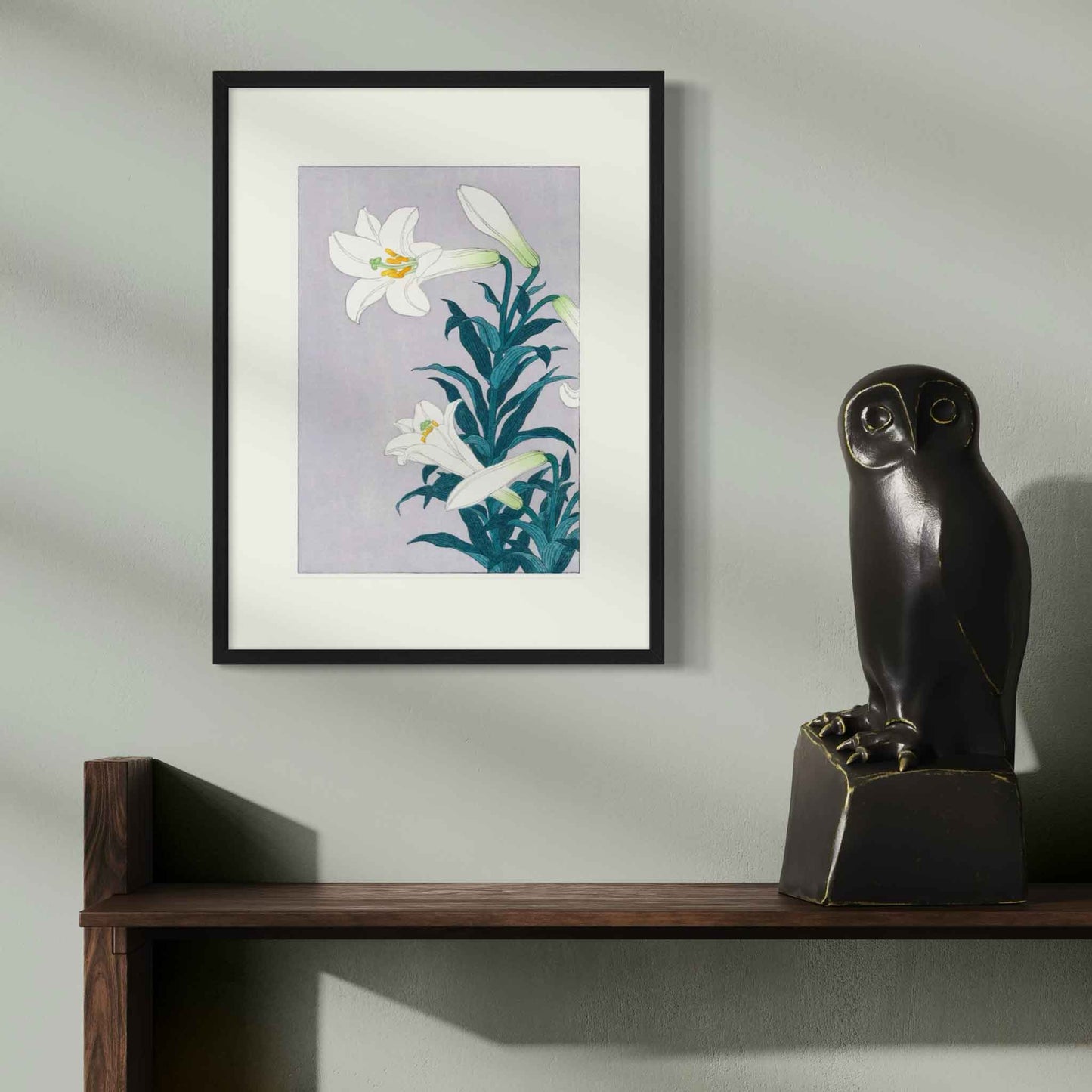 White Lily, after Koson, fine art print in black frame on pale green wall in room mockup
