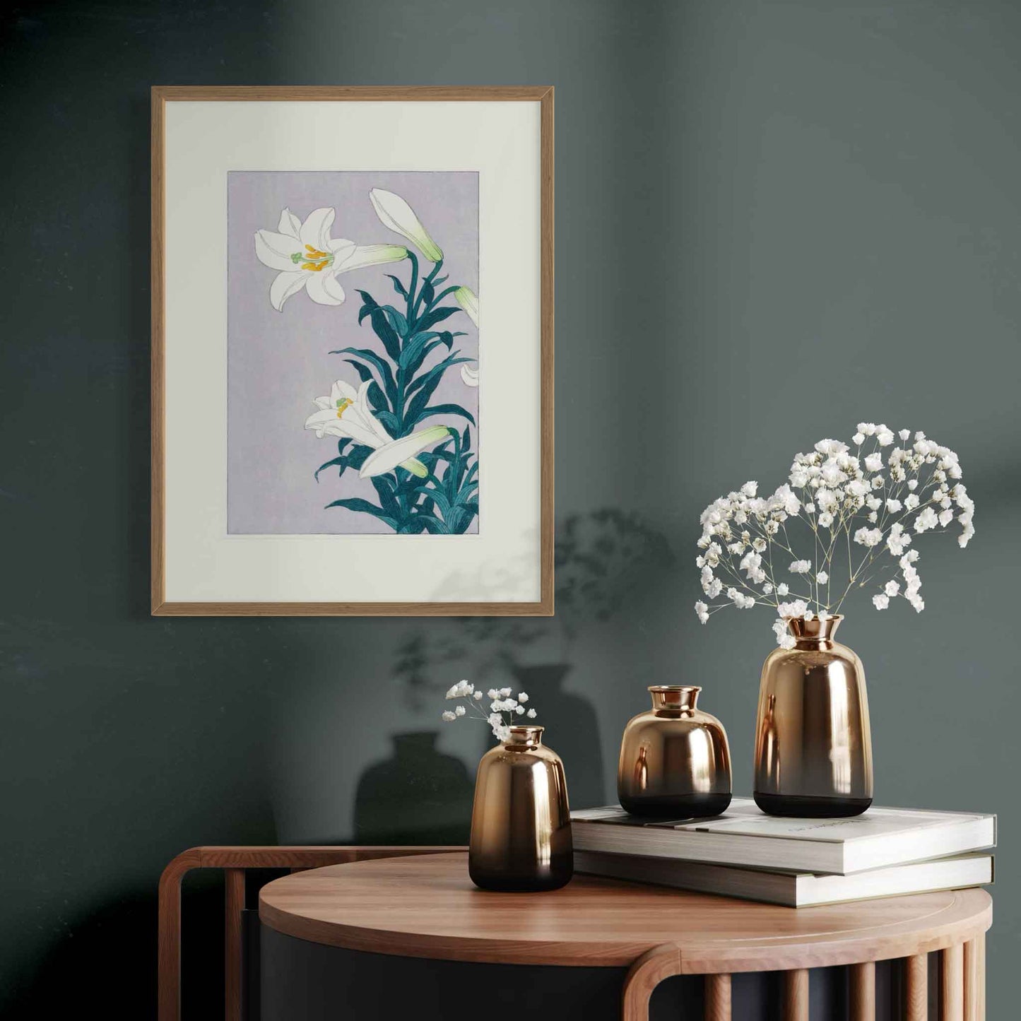 White Lily, after Koson, fine art print in oak frame on green wall in room mockup