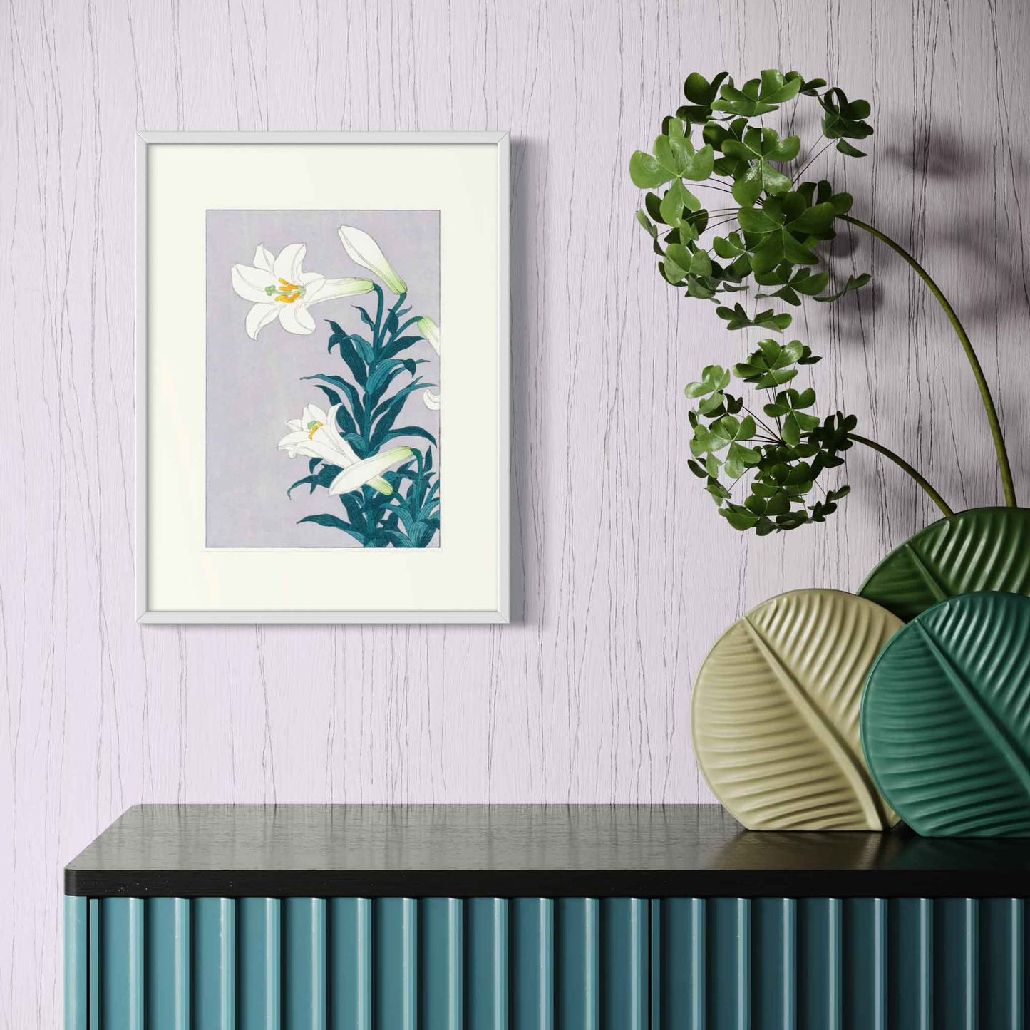 White Lily, after Koson, fine art print in white frame on pale lilac wall in room mockup