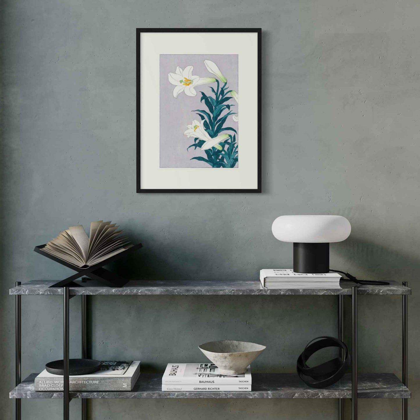 White Lily, after Koson, fine art print in black frame on green wall in room mockup