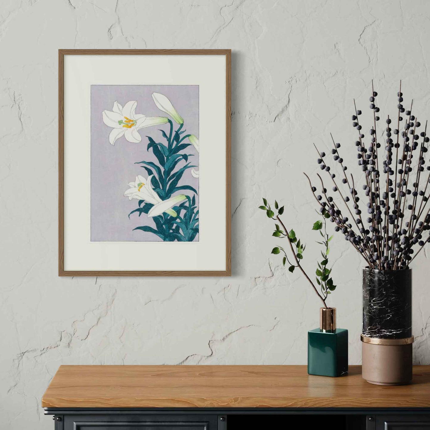 White Lily, after Koson, fine art print in oak frame on pale wall in room mockup