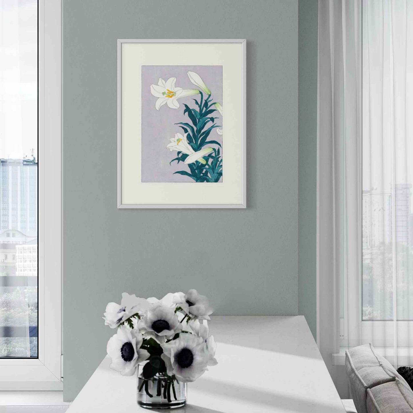 White Lily, after Koson, fine art print in white frame on pale green wall in room mockup