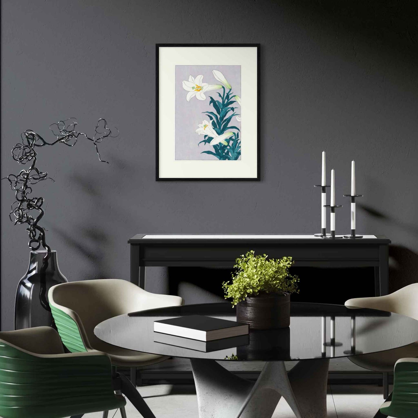 White Lily, after Koson, fine art print in black frame on dark grey wall in room mockup