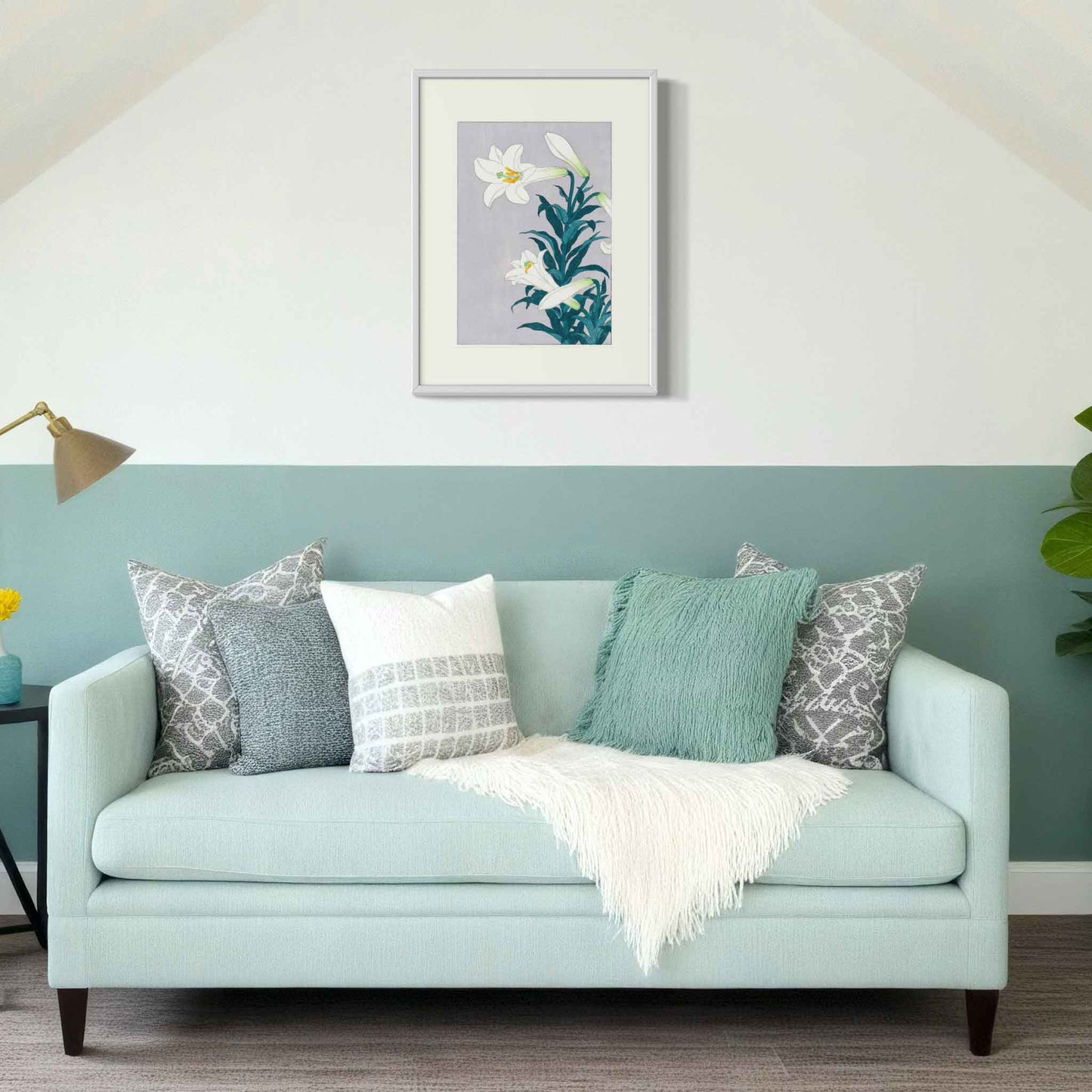 White Lily, after Koson, fine art print in white frame on neutral wall in room mockup
