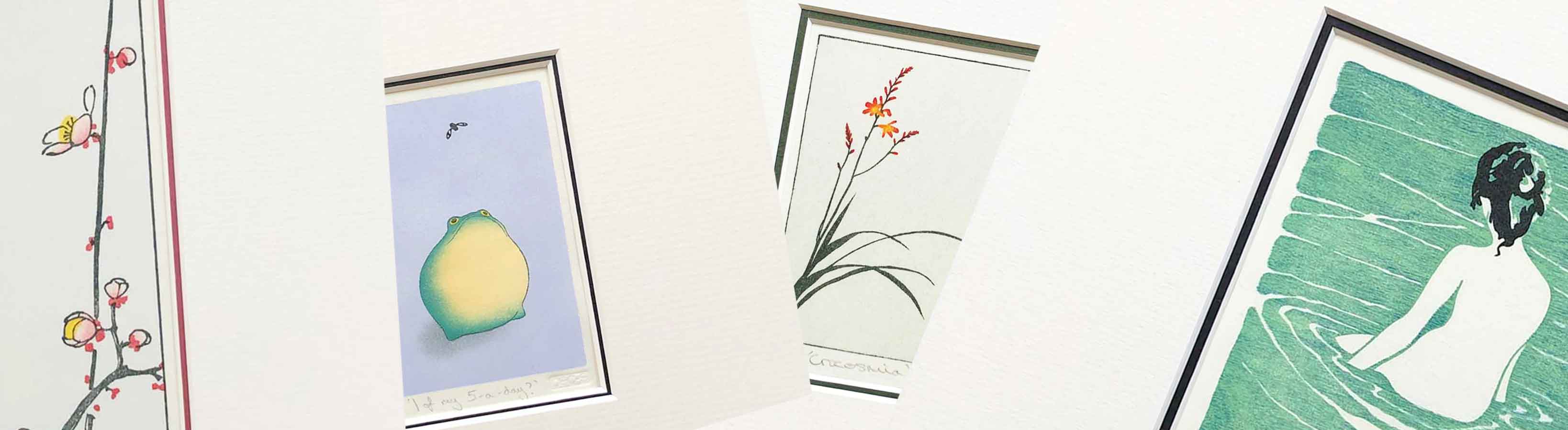 selection of woodblock print packages overlapping each other