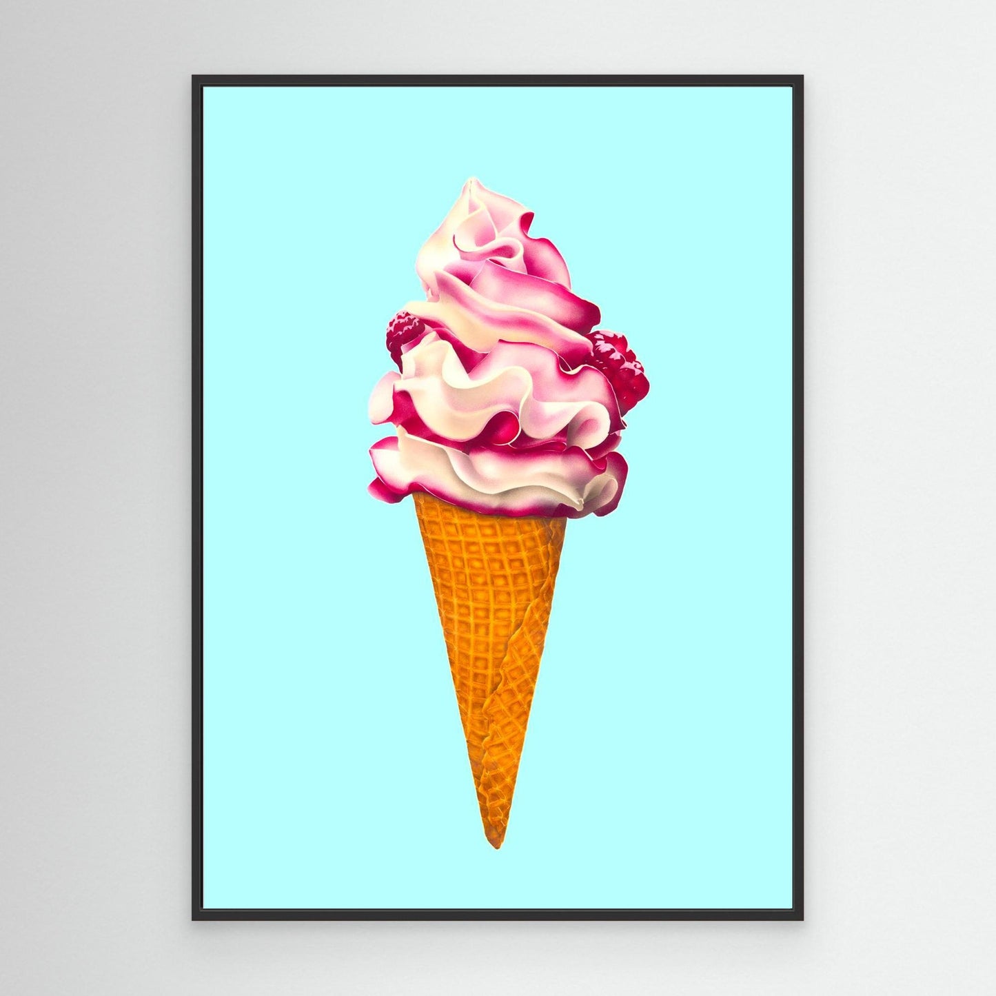 Ice cream fine art canvas print, colourful and playful illustration of raspberry ripple ice cream cone, pink and aqua contemporary wall art