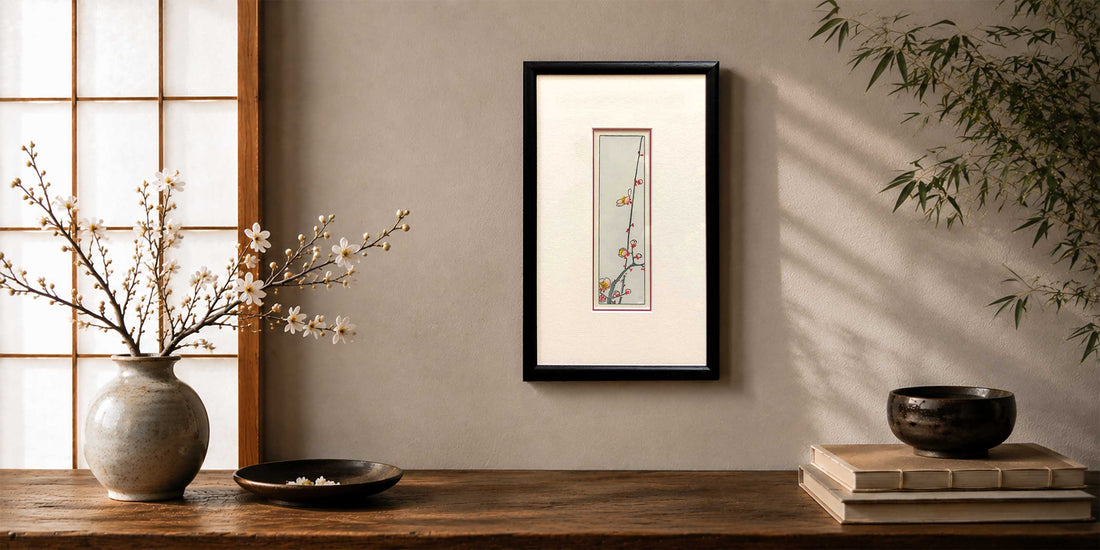 Framed reimagining of Hiroshige's blossoming plum branch woodblock print by Claire Cameron-Smith, displayed in a Japanese-inspired interior
