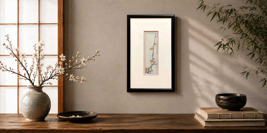 Framed reimagining of Hiroshige's blossoming plum branch woodblock print by Claire Cameron-Smith, displayed in a Japanese-inspired interior