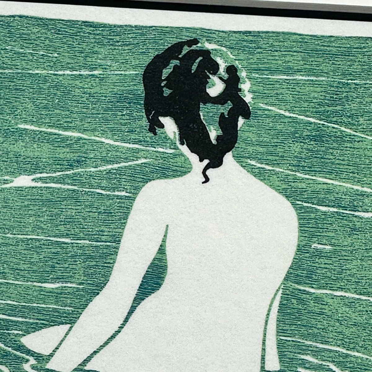 At The Hot Spring, after Ichijō Narumi. Japanese inspired fine art print of woman seated in blue green health spa water. Detail view of black hair.