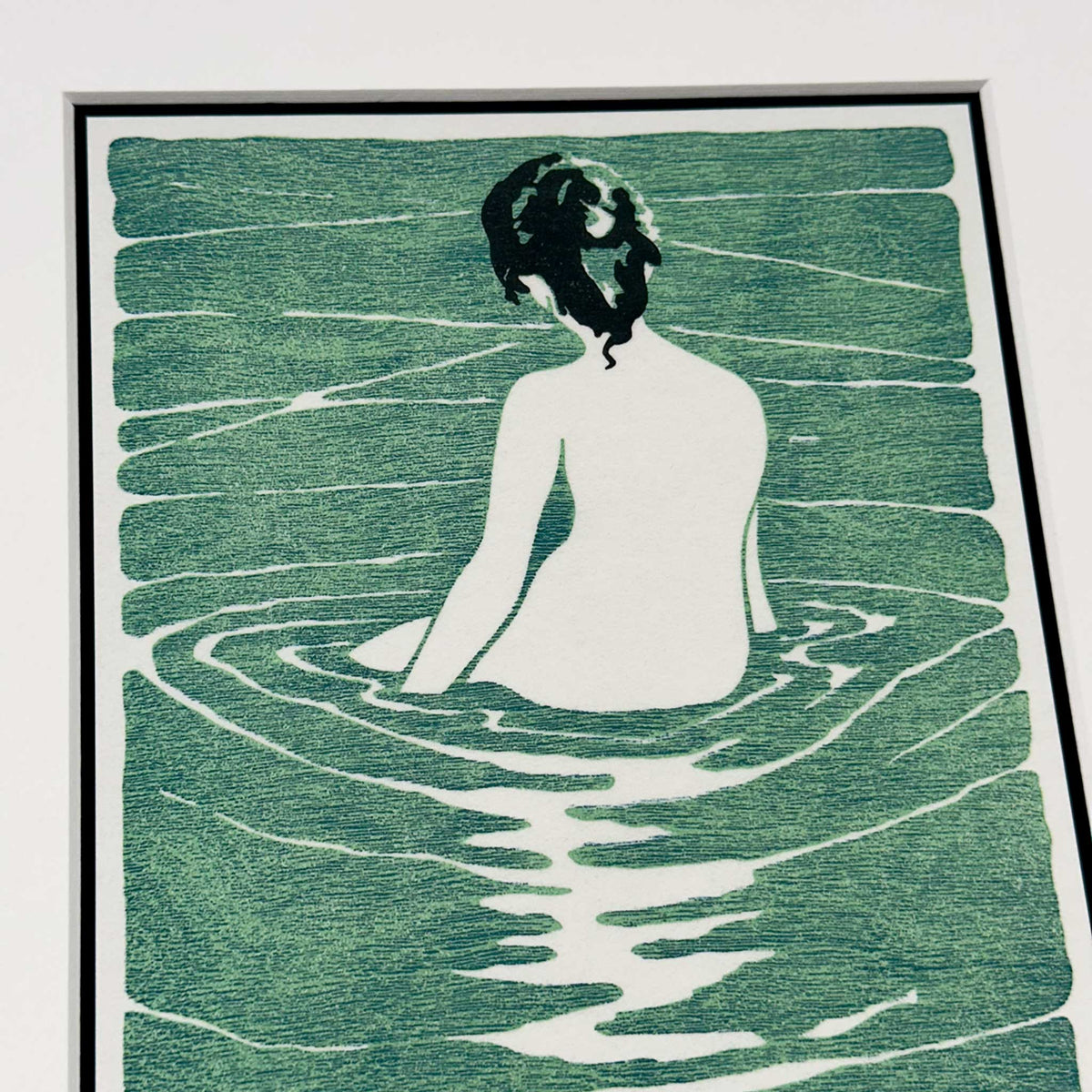 At The Hot Spring, after Ichijō Narumi. Japanese inspired fine art print of woman seated in blue green health spa water. Detail view.