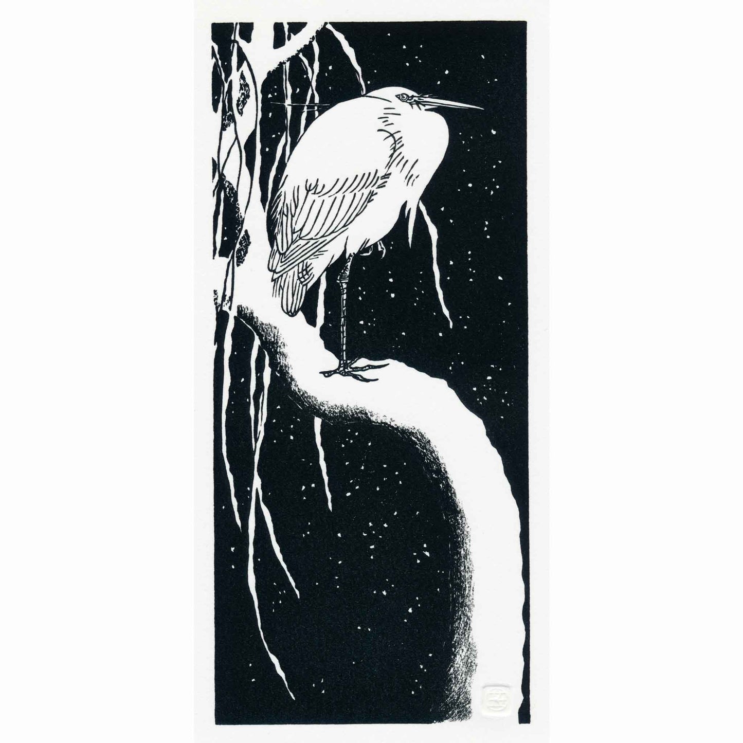 Egret on a Snow-Covered Branch, after Koson — original handmade woodblock print by Claire Cameron-Smith, unframed artwork.