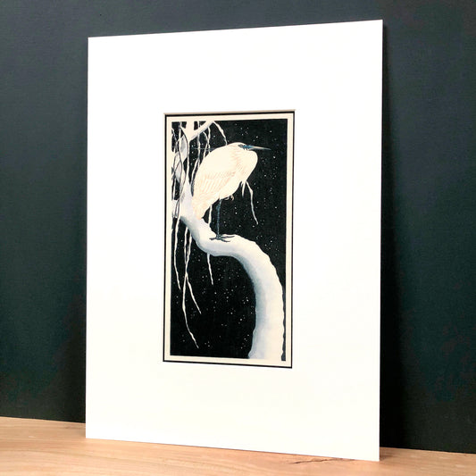 Winter Stillness – "Egret on a Snow-Covered Branch, after Koson" Fine Art Mounted Print