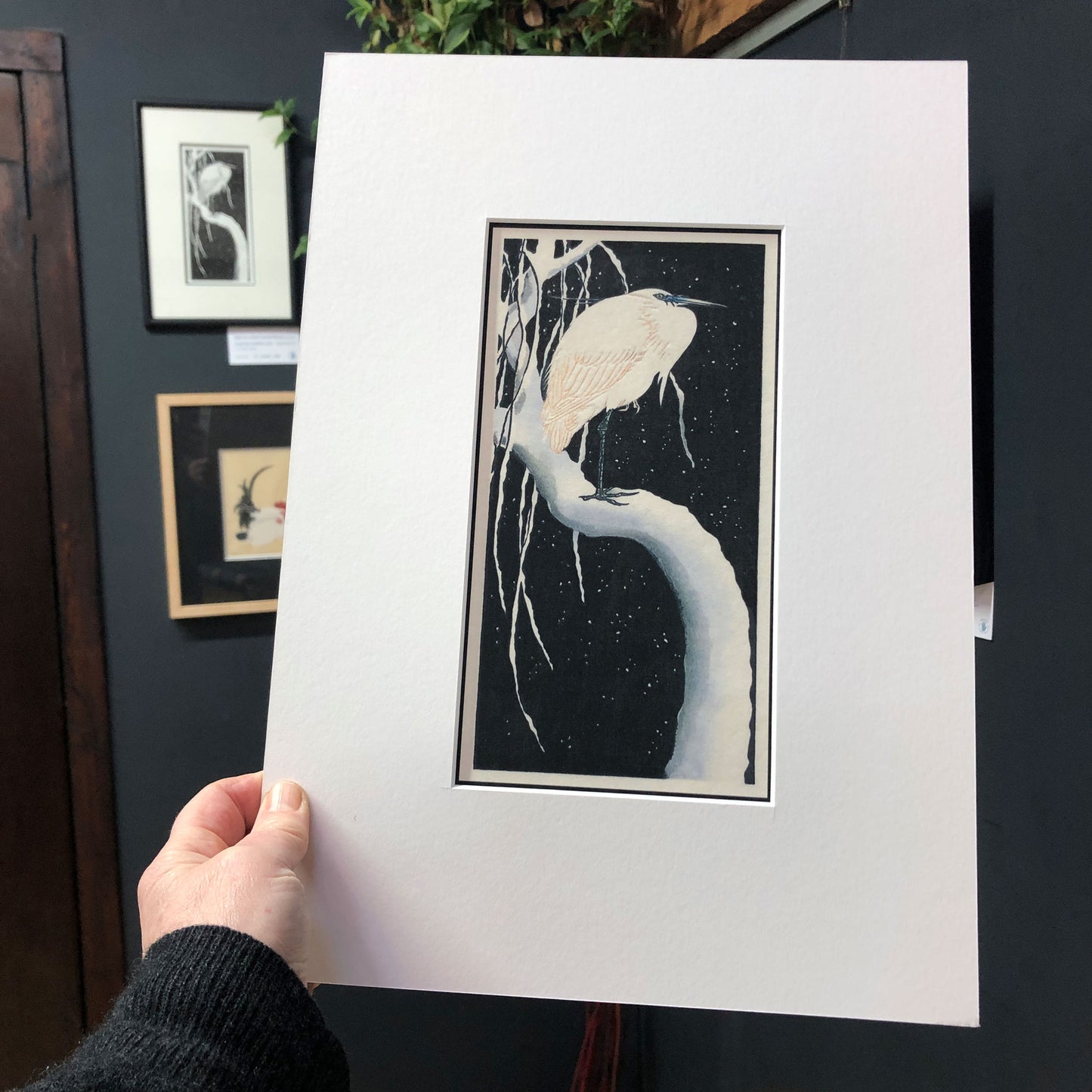 Winter Stillness – "Egret on a Snow-Covered Branch, after Koson" Fine Art Mounted Print