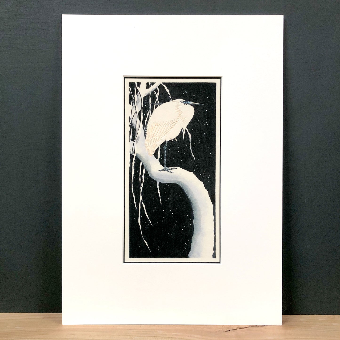 Winter Stillness – "Egret on a Snow-Covered Branch, after Koson" Fine Art Mounted Print