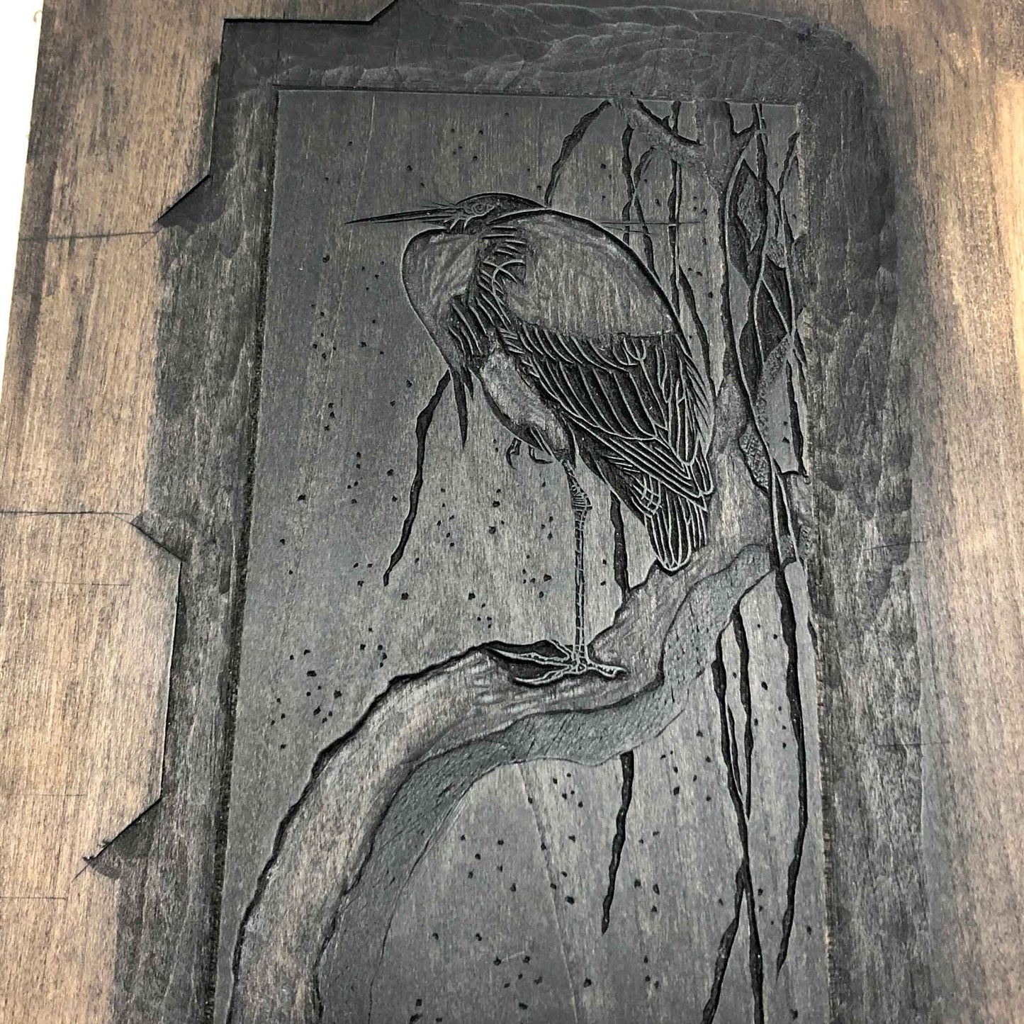 Hand-carved cherry woodblock used to print Egret on a Snow-Covered Branch, after Koson — part of Claire Cameron-Smith’s woodblock printing process.