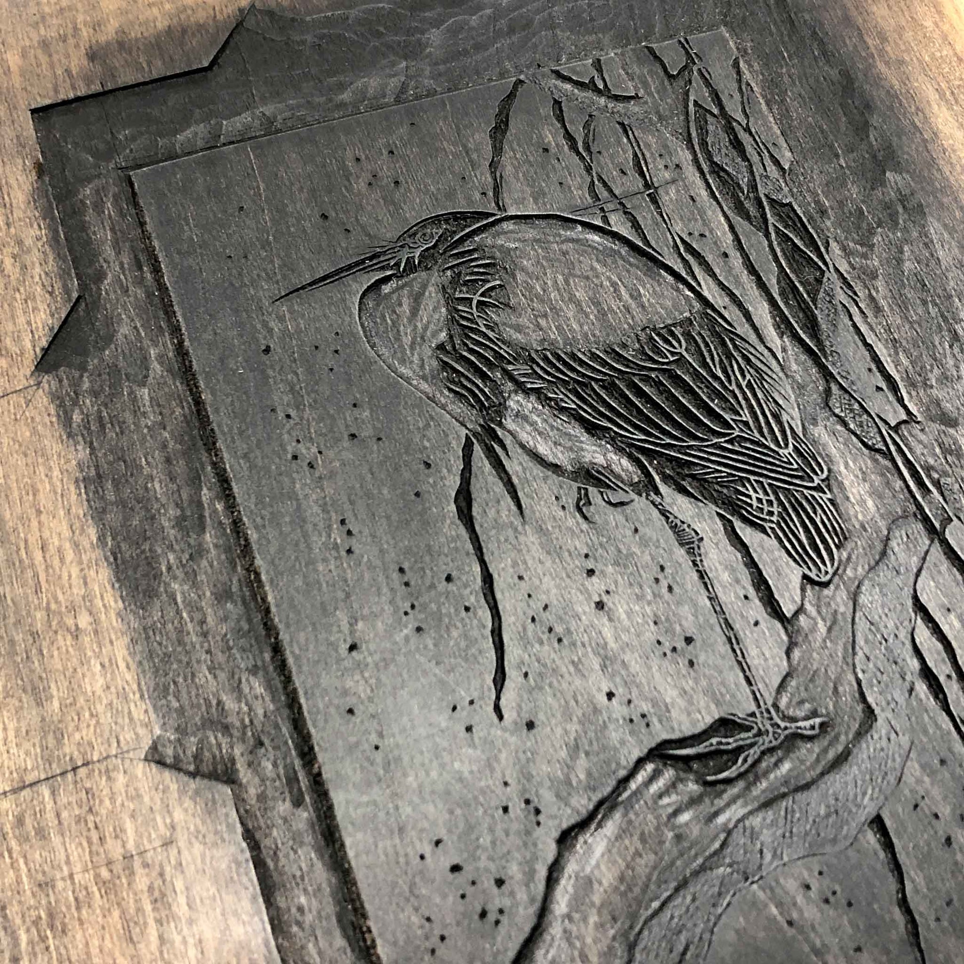 Hand-carved cherry woodblock used to print Egret on a Snow-Covered Branch, after Koson — part of Claire Cameron-Smith’s woodblock printing process.