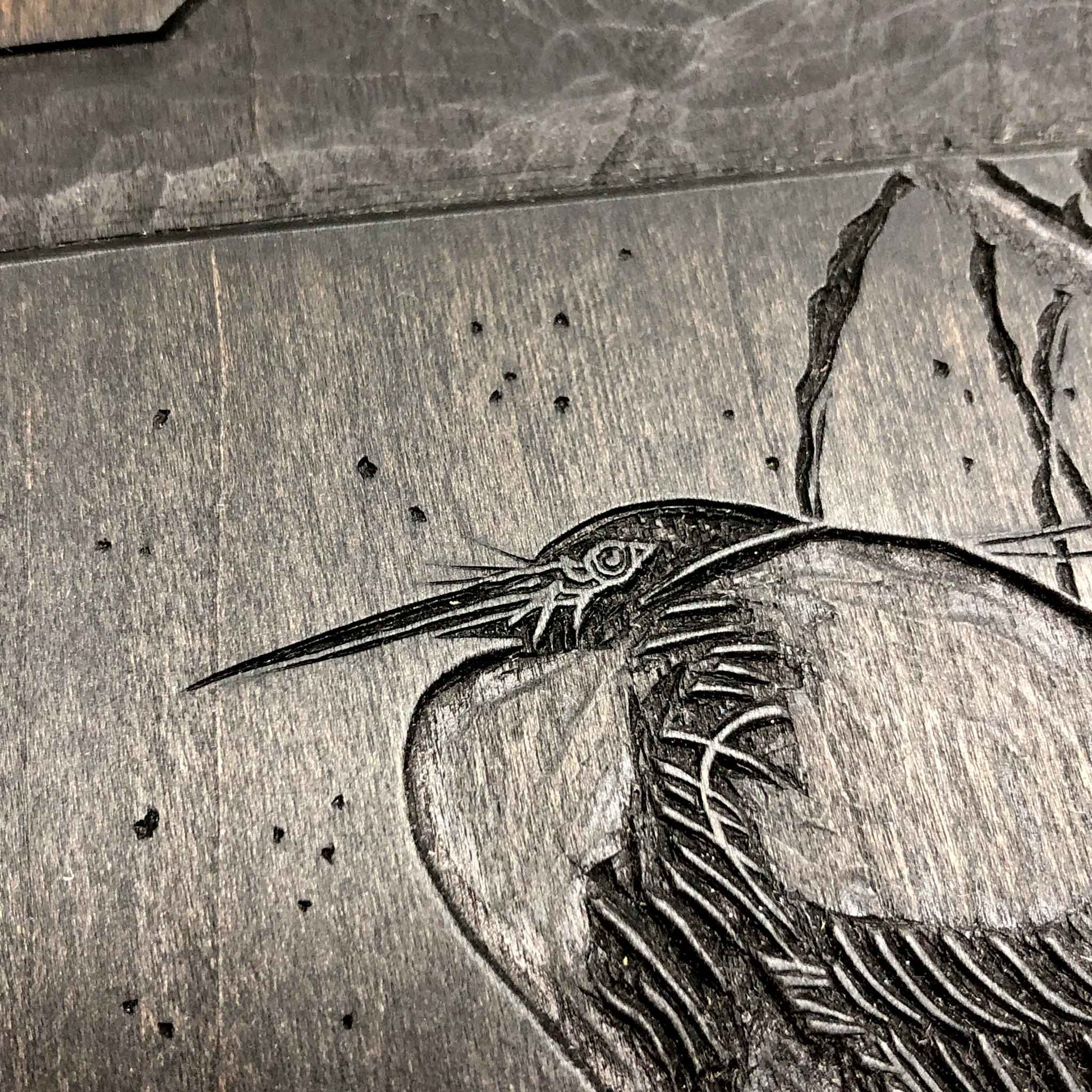 Hand-carved cherry woodblock used to print Egret on a Snow-Covered Branch, after Koson — part of Claire Cameron-Smith’s woodblock printing process.