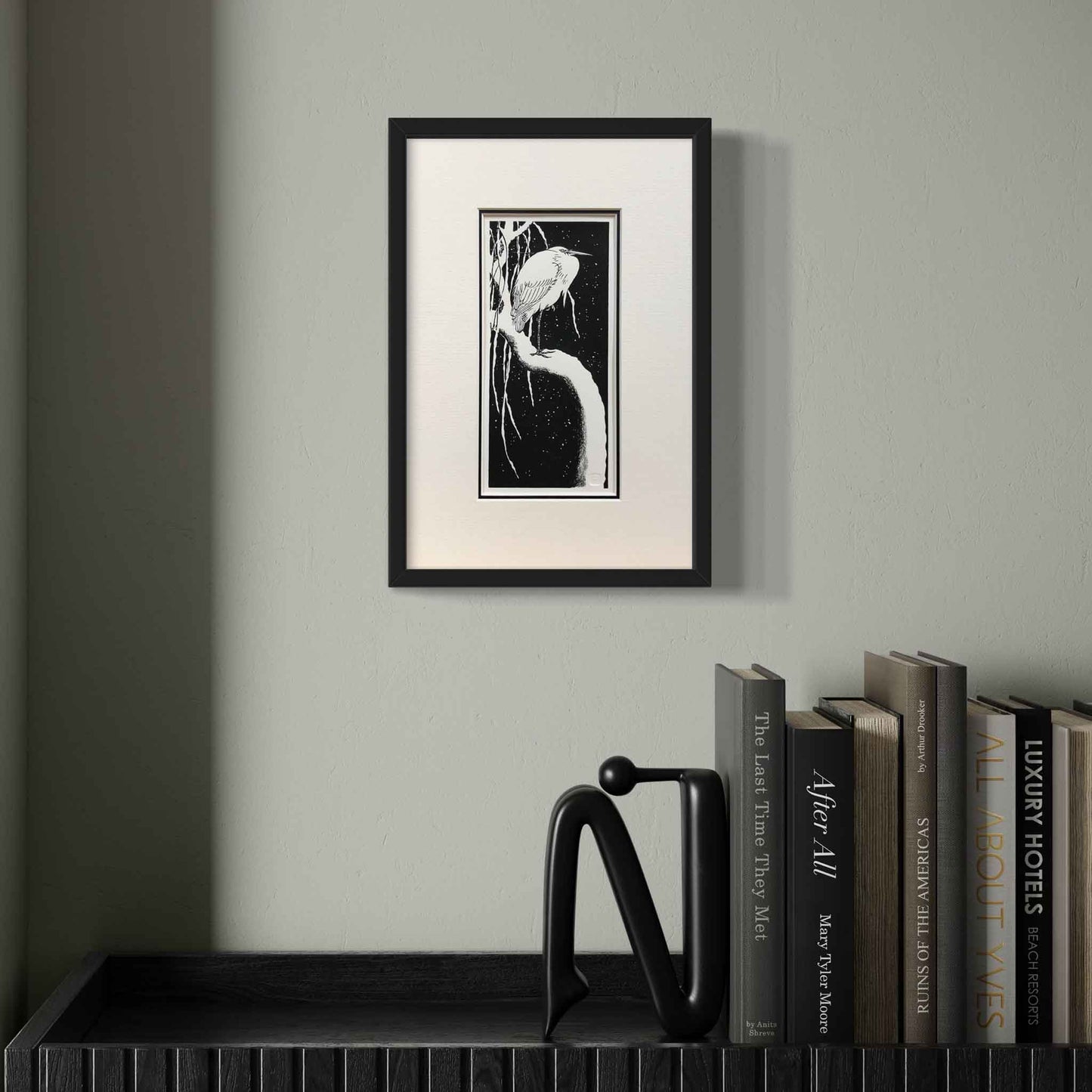 Egret on a Snow-Covered Branch, after Koson — framed print by Claire Cameron-Smith, shown on a pale wall.