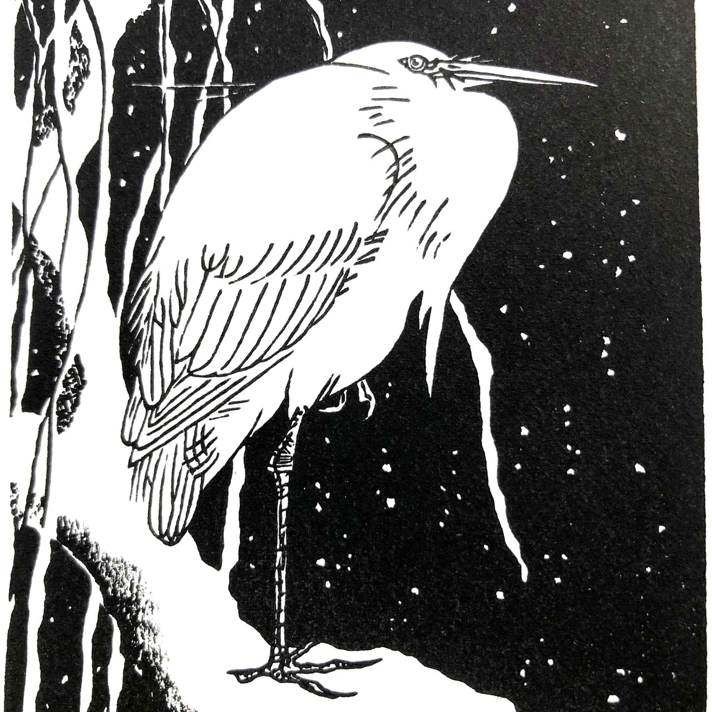 Close-up showing fine carved lines and colour detail of Egret on a Snow-Covered Branch, after Koson woodblock print by Claire Cameron-Smith.