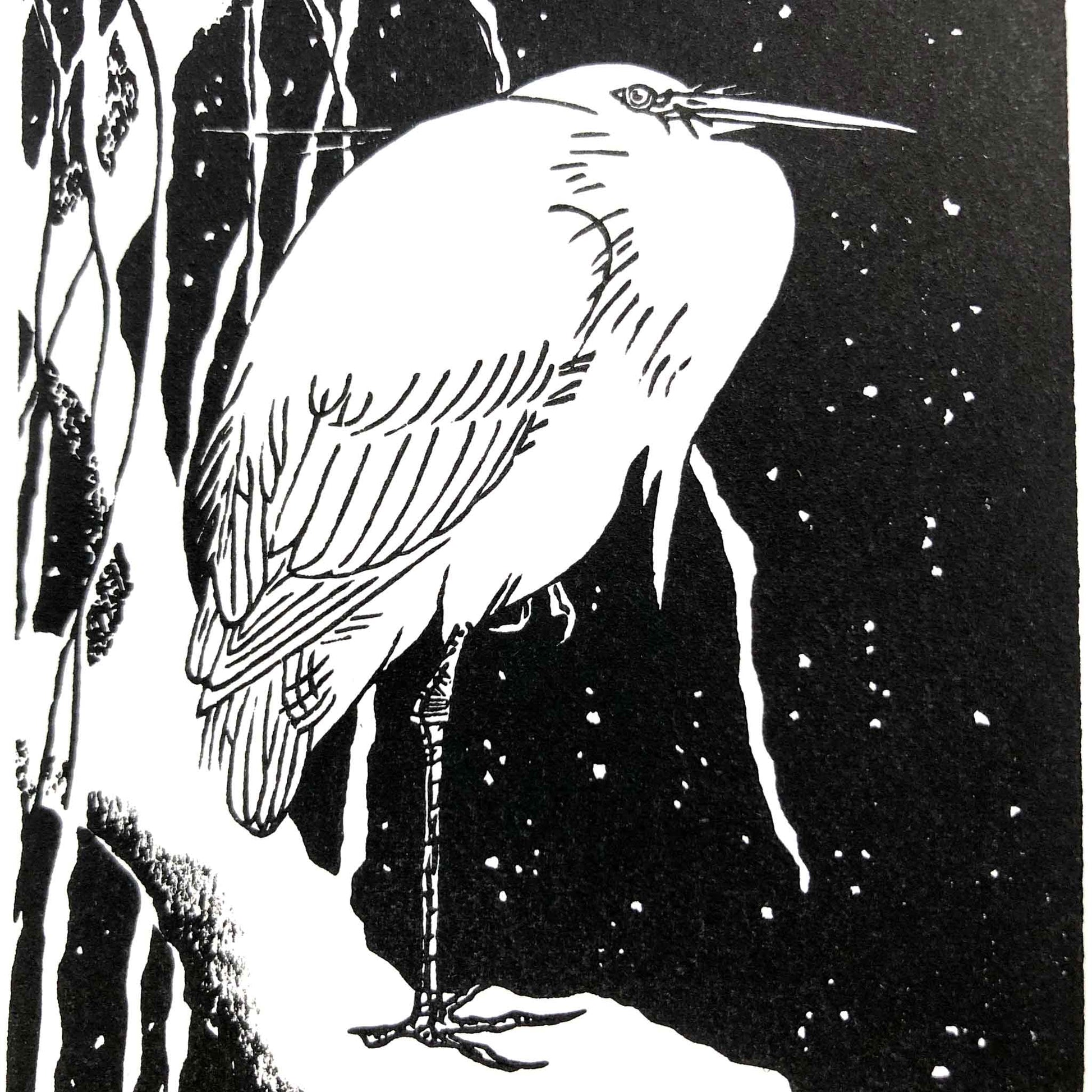 Close-up showing fine carved lines and colour detail of Egret on a Snow-Covered Branch, after Koson woodblock print by Claire Cameron-Smith.