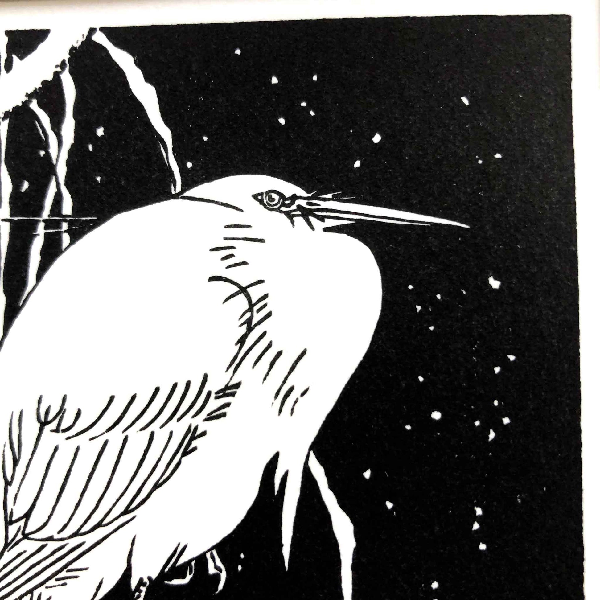 Close-up showing fine carved lines and colour detail of Egret on a Snow-Covered Branch, after Koson woodblock print by Claire Cameron-Smith.