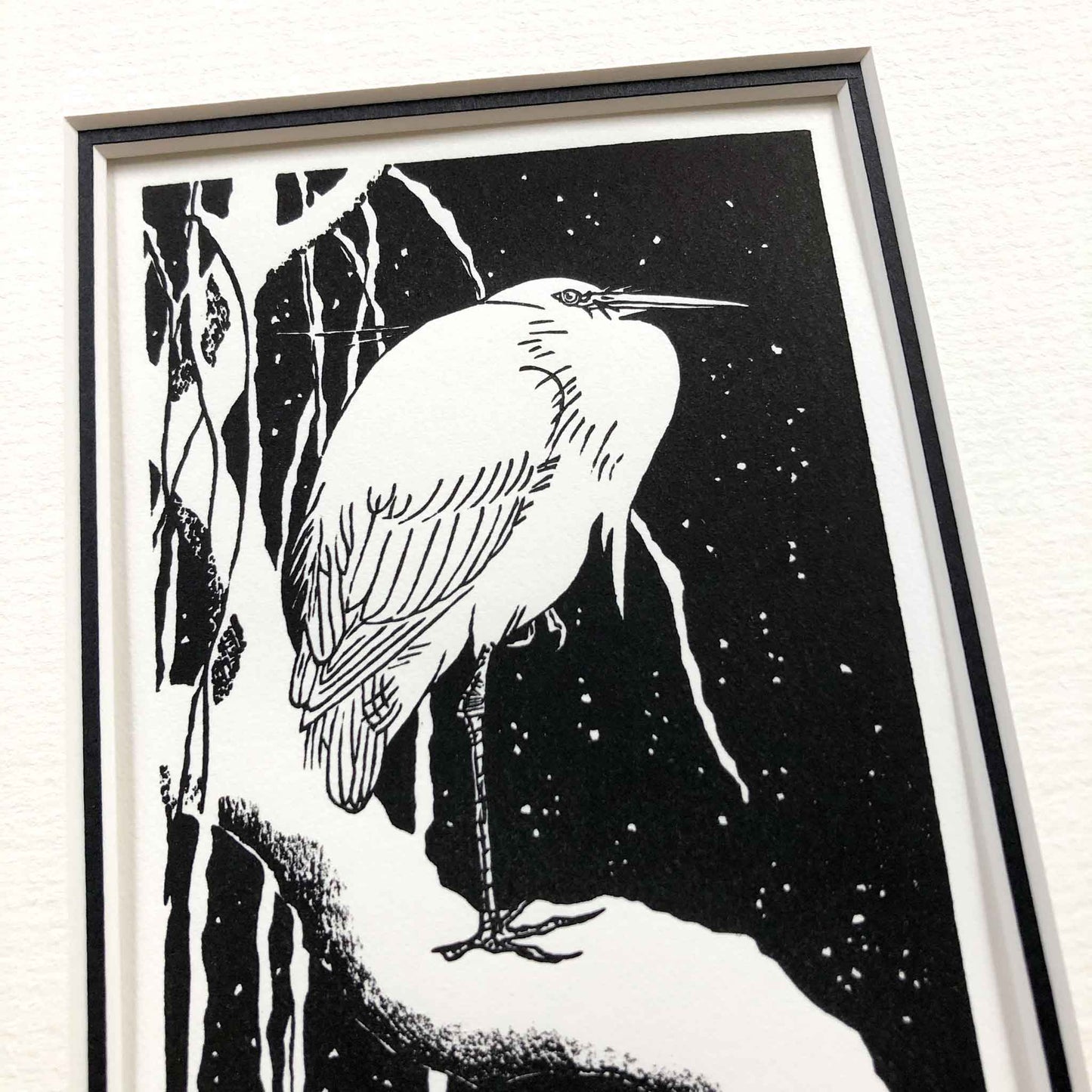 Close-up showing print and mount of Egret on a Snow-Covered Branch, after Koson woodblock print by Claire Cameron-Smith.
