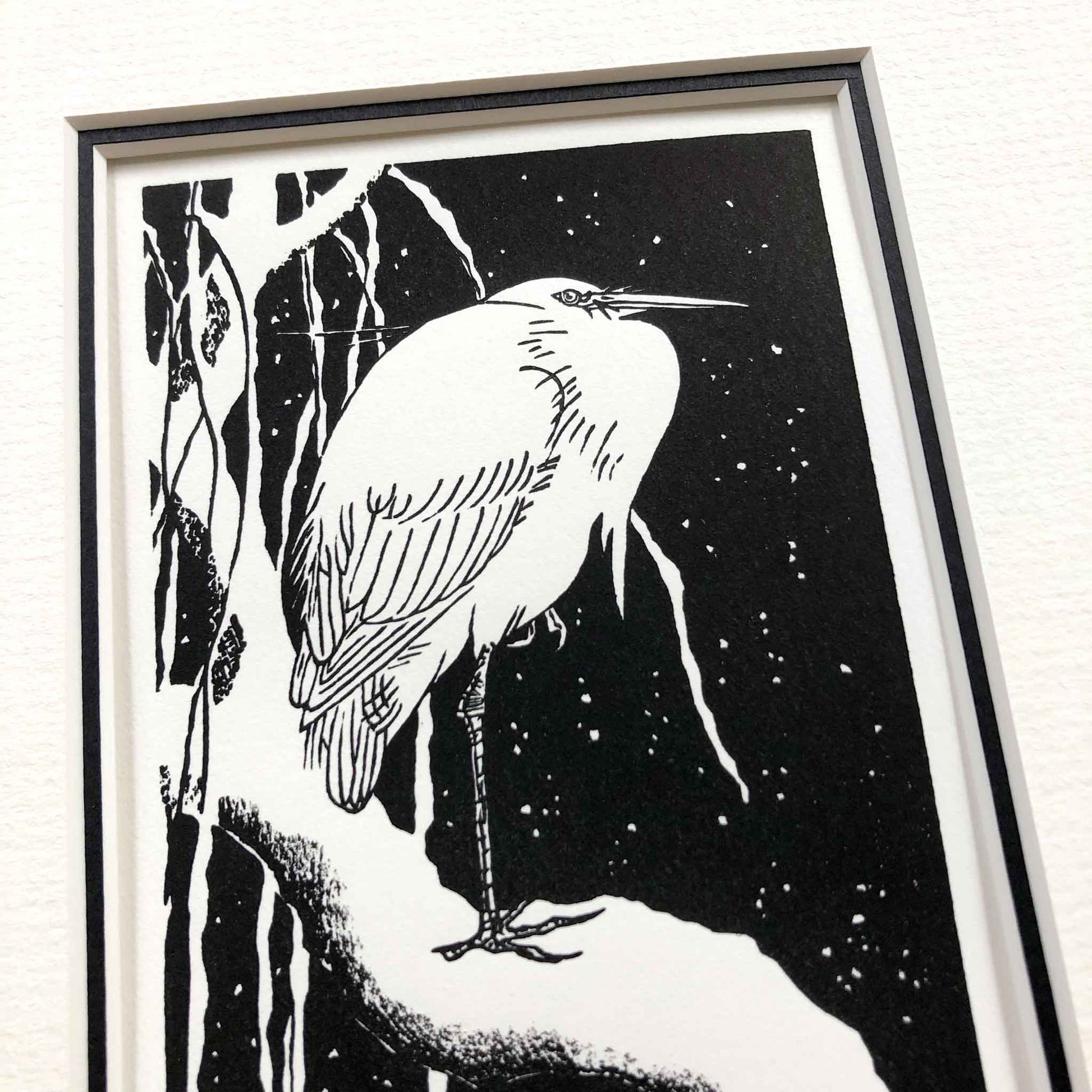 Close-up showing print and mount of Egret on a Snow-Covered Branch, after Koson woodblock print by Claire Cameron-Smith.