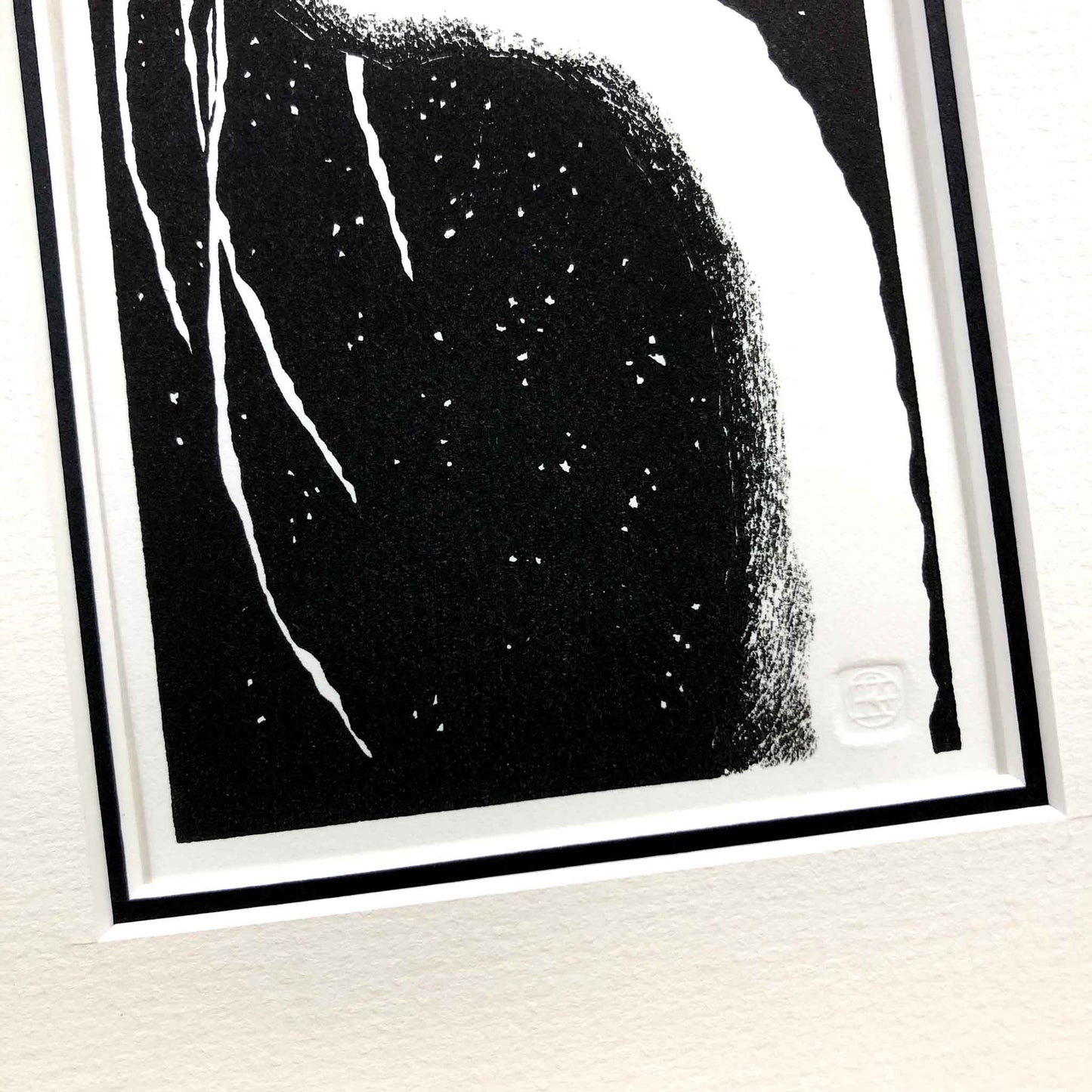 Close-up showing print, chop seal and mount of Egret on a Snow-Covered Branch, after Koson woodblock print by Claire Cameron-Smith.