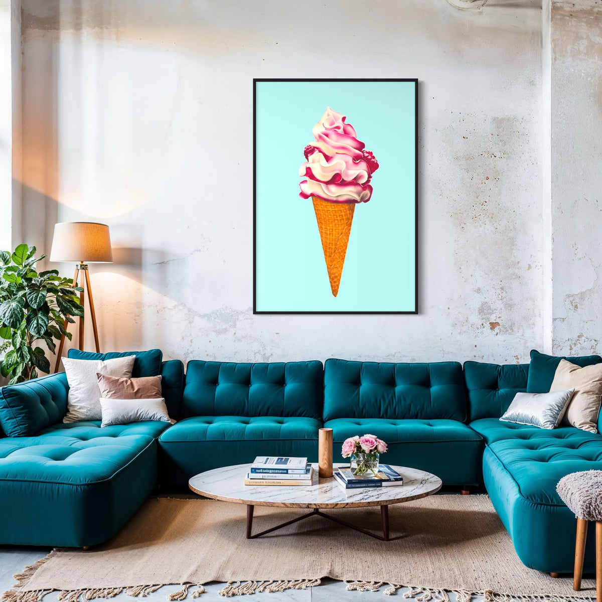 Very large Ice cream wall art. Fine art canvas print, colourful and playful illustration of raspberry ripple ice cream cone, pink and aqua. Shown in black frame above teal sofa in contemporary room set
