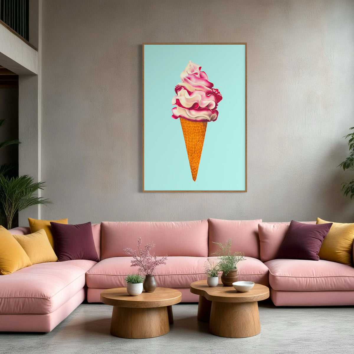 Extra large canvas wall art of Ice cream cone. Very colourful and playful illustration of raspberry ripple ice cream cone in pink and aqua. Framed in oak for a contemporary setting