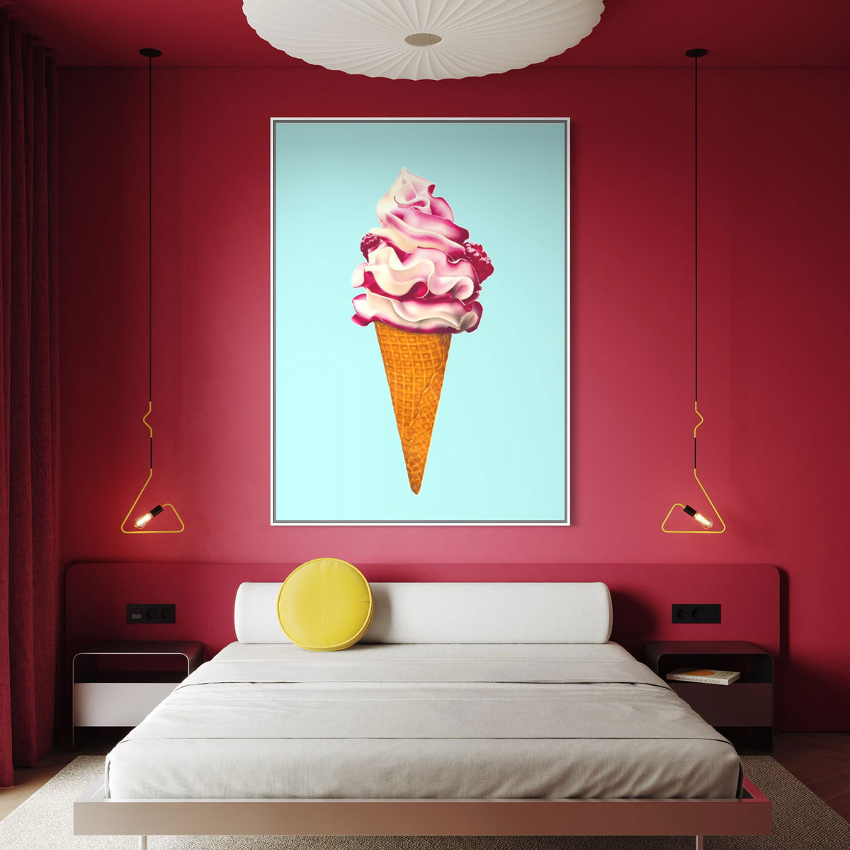 Extra large helping of ice cream wall art! A colourful and playful canvas print of  raspberry ripple ice cream cone, pink and aqua contemporary wall art.