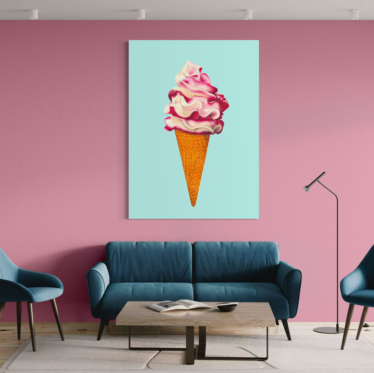 Extra large pink and aqua Ice cream canvas wall art, colourful and playful illustration of raspberry ripple ice cream cone. Shown unframed on pink wall with teal sofa