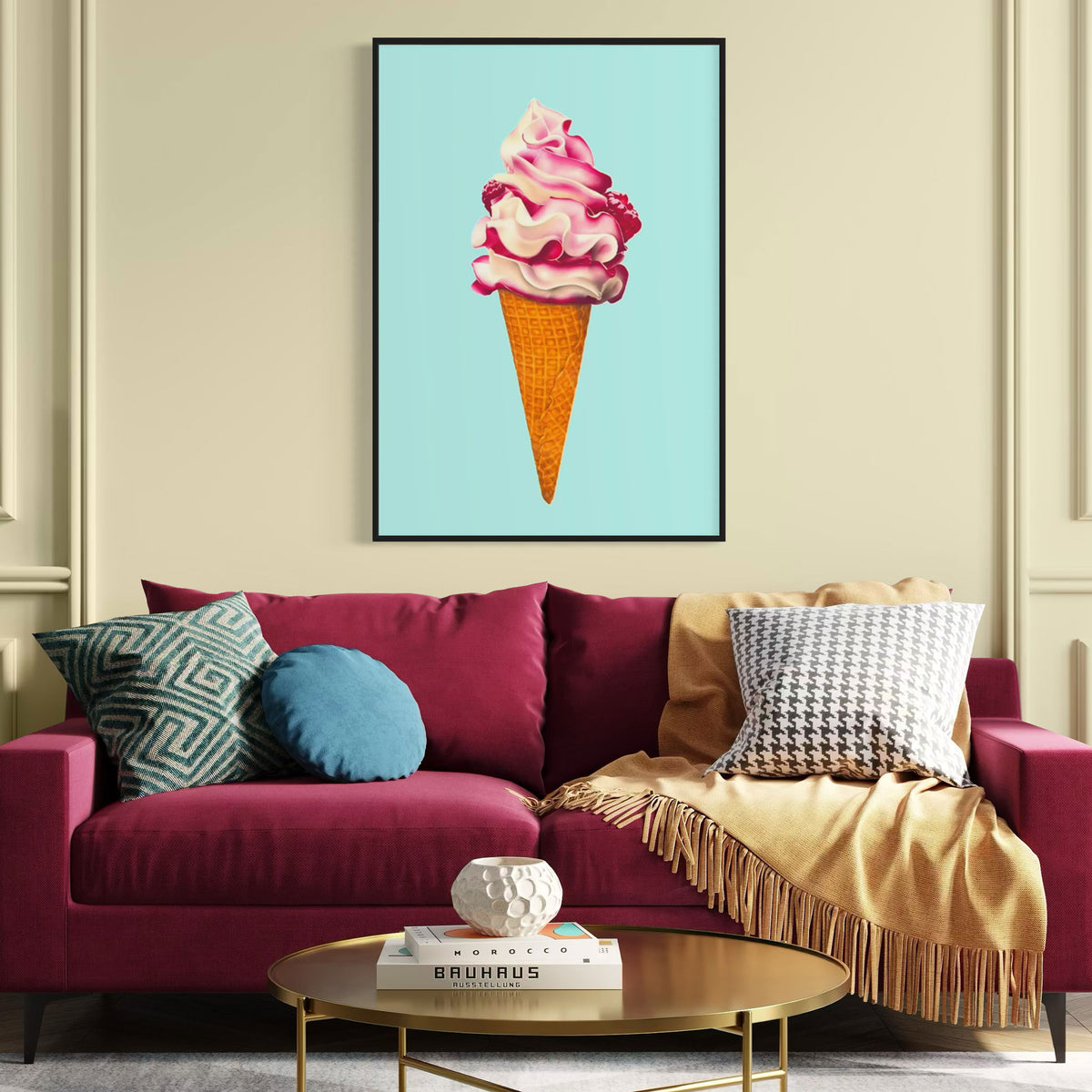 Big Ice cream canvas wall art, colourful and playful illustration of raspberry ripple ice cream cone, pink and aqua in black frame for room with magenta sofa