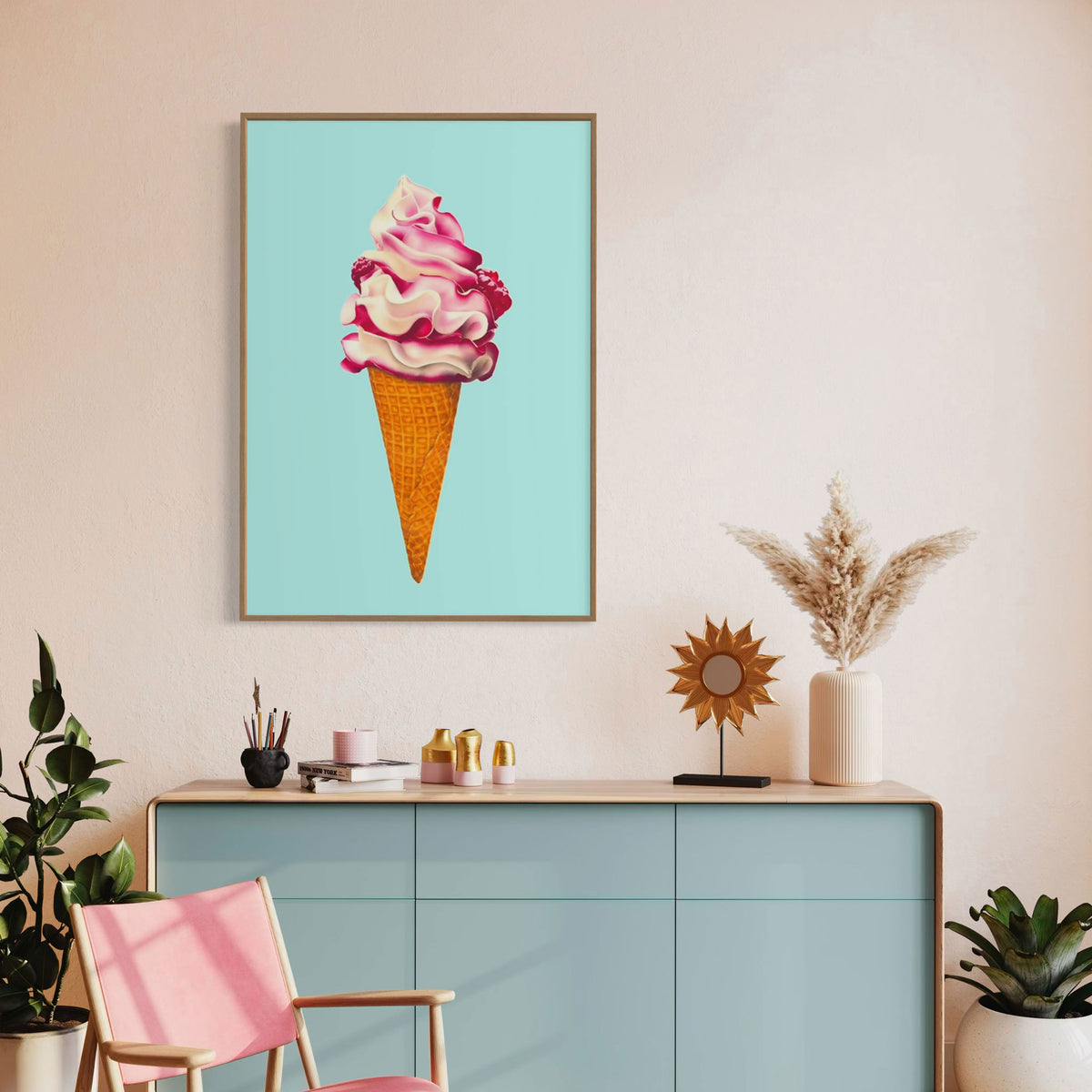 Pink and aqua Ice cream fine art canvas print. Colourful and playful illustration of raspberry ripple ice cream cone. Shown in oak frame in room with pink and blue accents