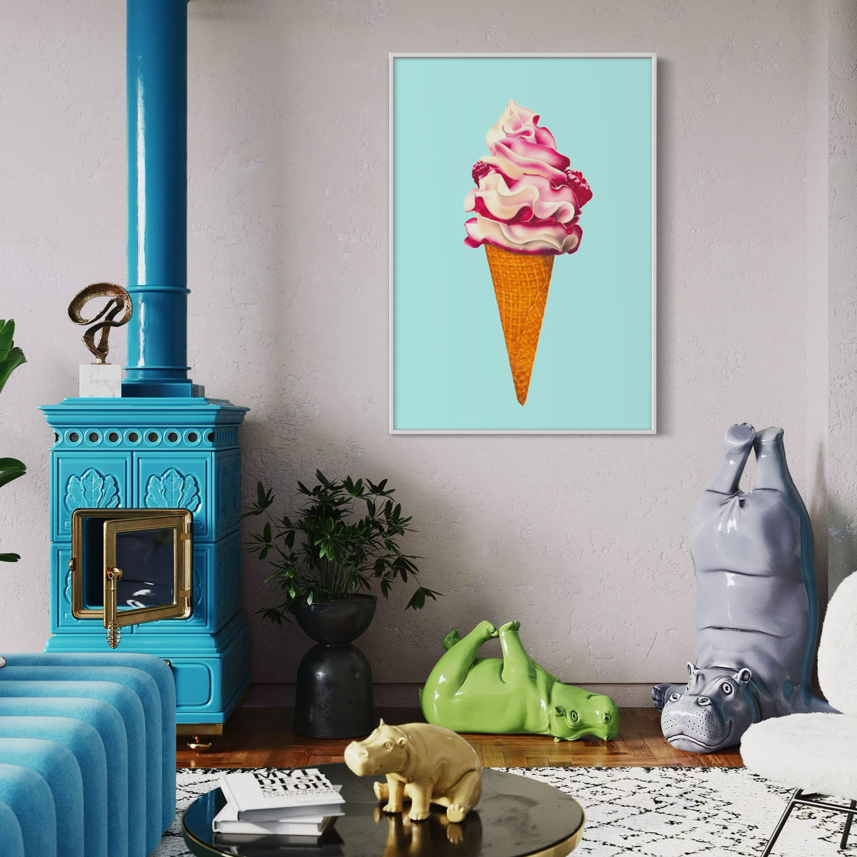 Large scale fun Ice cream fine art canvas print, colourful and playful illustration of raspberry ripple ice cream cone, pink and aqua contemporary wall art