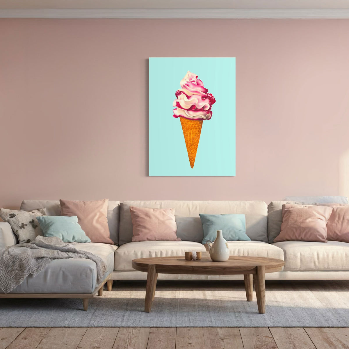Colourful pink and aqua Ice cream fine art canvas print. Wall art Shown in contemporary room with pastel shades of decor.