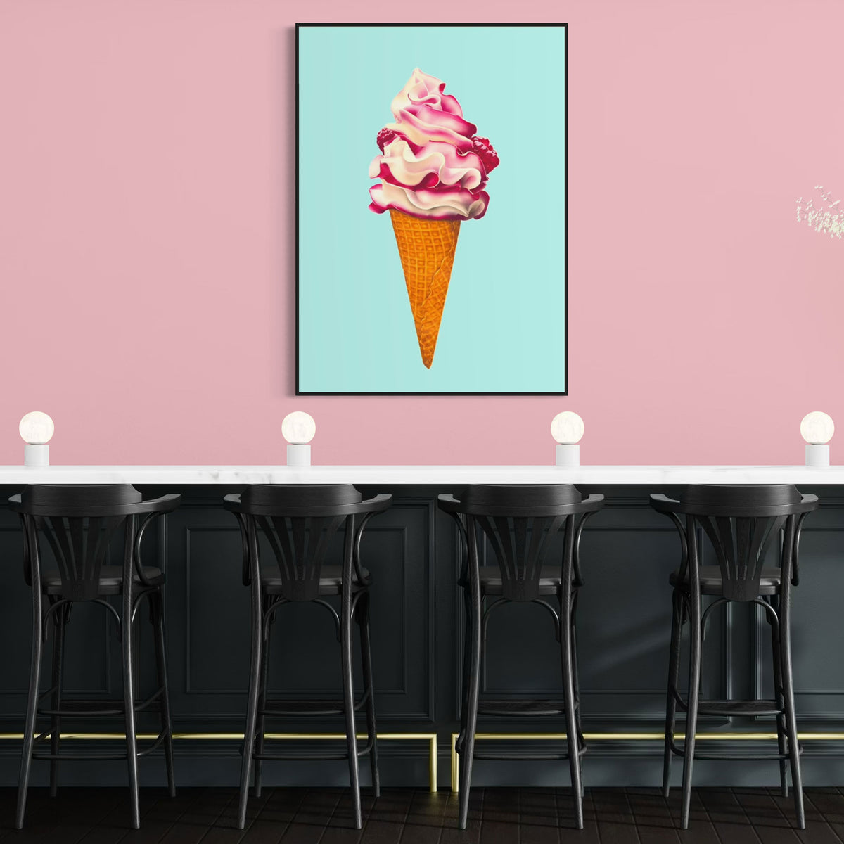 Extra large Ice cream canvas wall art in pink and aqua for ice cream parlours. Colourful and playful illustration of a raspberry ripple ice cream cone shown in black frame for chic interior.