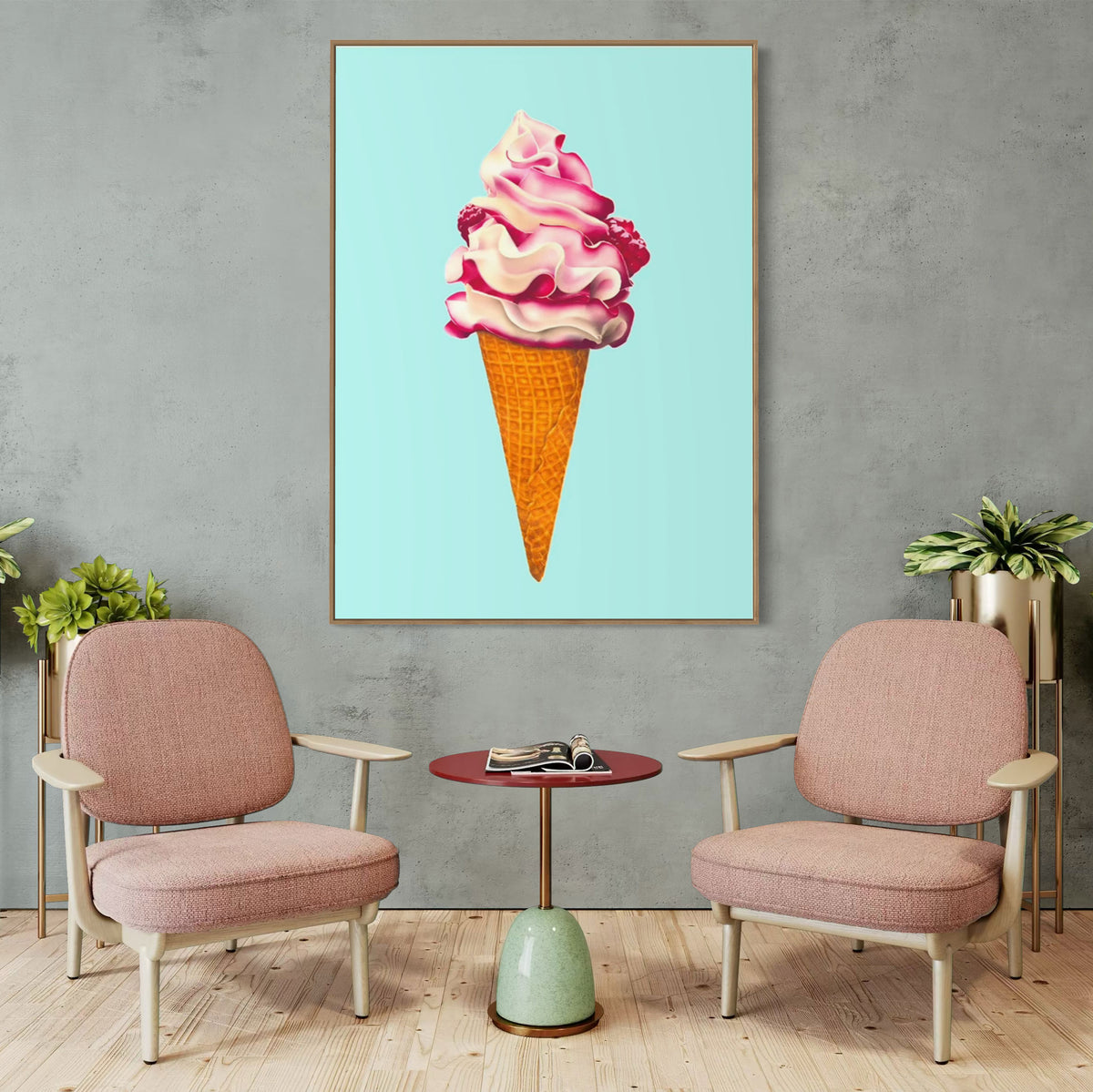 Extra large scoop of Ice cream canvas wall art. Colourful and playful pink and aqua print of raspberry ripple ice cream cone for retro spaces