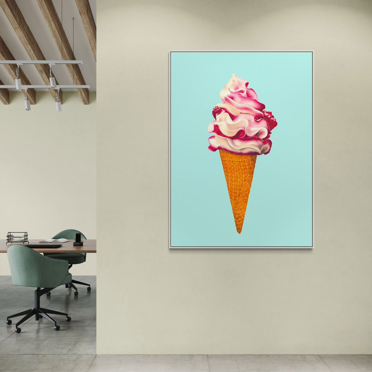 Bring fun to the office with this Ice cream canvas wall art. This colourful and playful illustration of raspberry ripple ice cream cone in pink and aqua is framed in white to suit contemporary work spaces.
