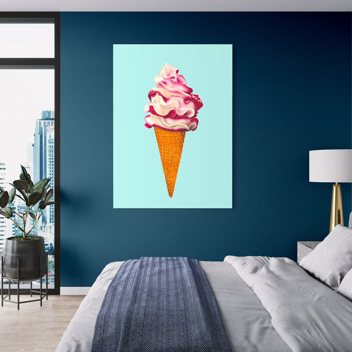 For dreams of ice Creams in your bedrroom - colourful and playful canvas large wall art of raspberry ripple ice cream cone.